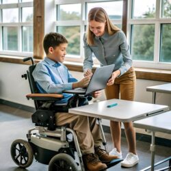 supportive-special-education-teacher-assists-student-wheelchair-with-their-laptop_856795-94108