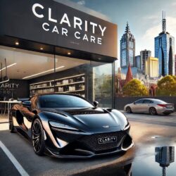 DALL·E 2025-04-04 10.03.21 - A luxury black sports car with a freshly applied ceramic coating, parked in front of a high-end car detailing studio with the brand name 'Clarity Car