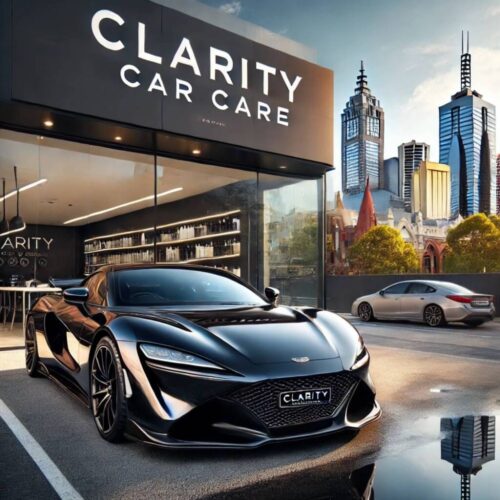 DALL·E 2025-04-04 10.03.21 - A luxury black sports car with a freshly applied ceramic coating, parked in front of a high-end car detailing studio with the brand name 'Clarity Car DALL·E 2025-04-04 10.03.21 - A luxury black sports car with a freshly applied ceramic coating, parked in front of a high-end car detailing studio with the brand name 'Clarity Car