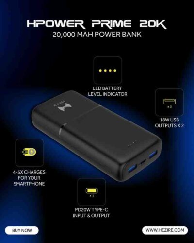 Your charger may tap out, but your vibes never will! Stay powered up for endless playlists, movie marathons, and work-on-the-go with Hezire’s HPower Prime 20K. With fast-charging 18W USB outputs, a PD20W Type-C po (3) Your charger may tap out, but your vibes never will! Stay powered up for endless playlists, movie marathons, and work-on-the-go with Hezire’s HPower Prime 20K. With fast-charging 18W USB outputs, a PD20W Type-C po (3)