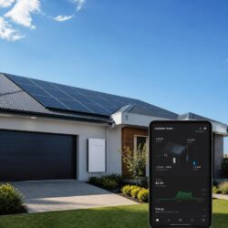 A modern Adelaide home with rooftop solar panels and a Tesla Powerwall battery installed on the garage wall, clean residential setting, bright sunny day, energy monitoring screen displaying savings, premium renewab