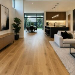 Modern Adelaide home interior featuring elegant floating floors with realistic wood texture, warm natural lighting, contemporary furniture, a clean spacious design, and a premium flooring finish. Photorealistic, hi